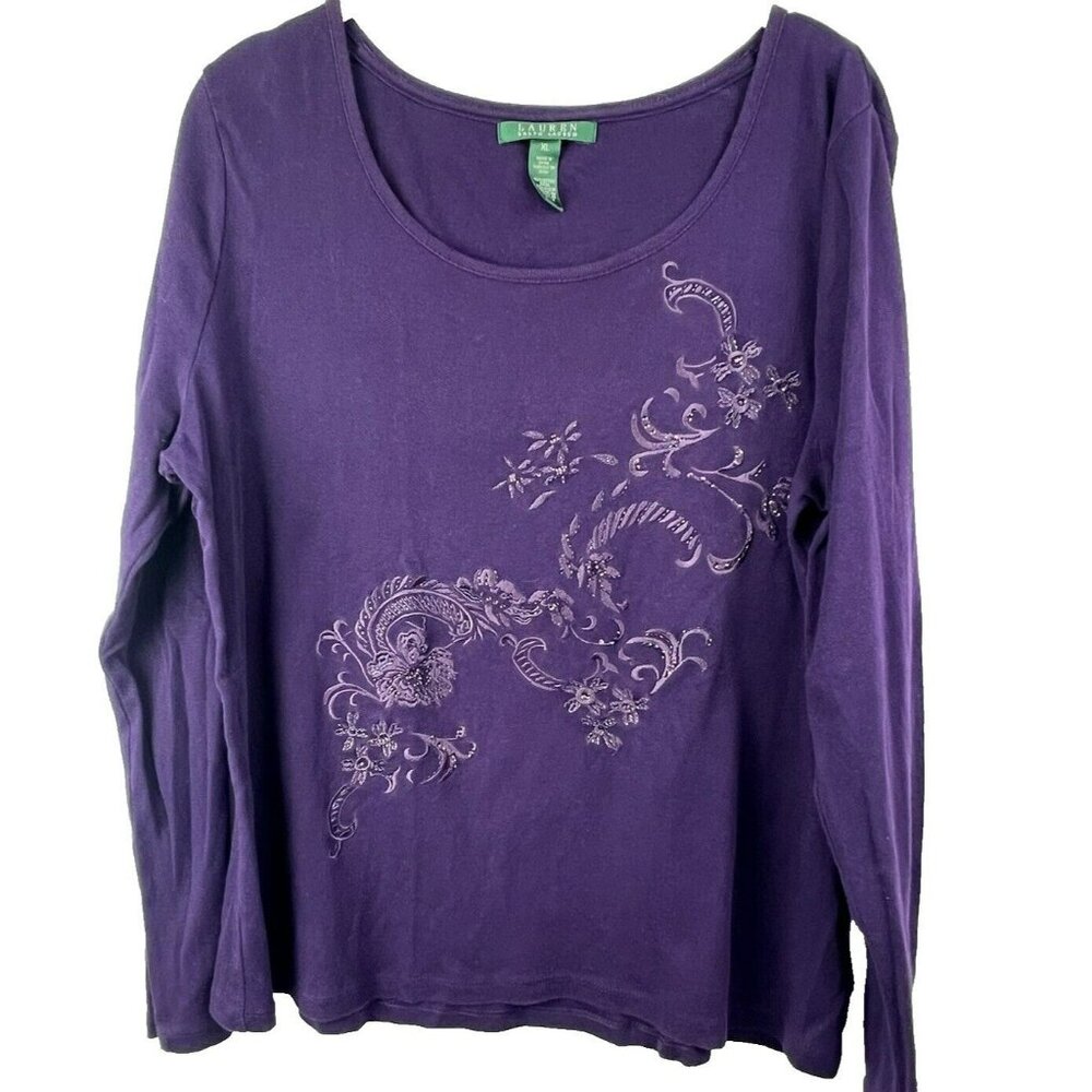 Lauren Ralph Lauren Women's Top XL Purple Beaded L Sleeve‎ 100% Cotton Pullover